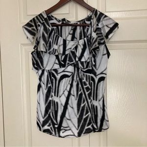 Worthington Black and White Patterned Blouse Short Sleeve Formal Business Casual